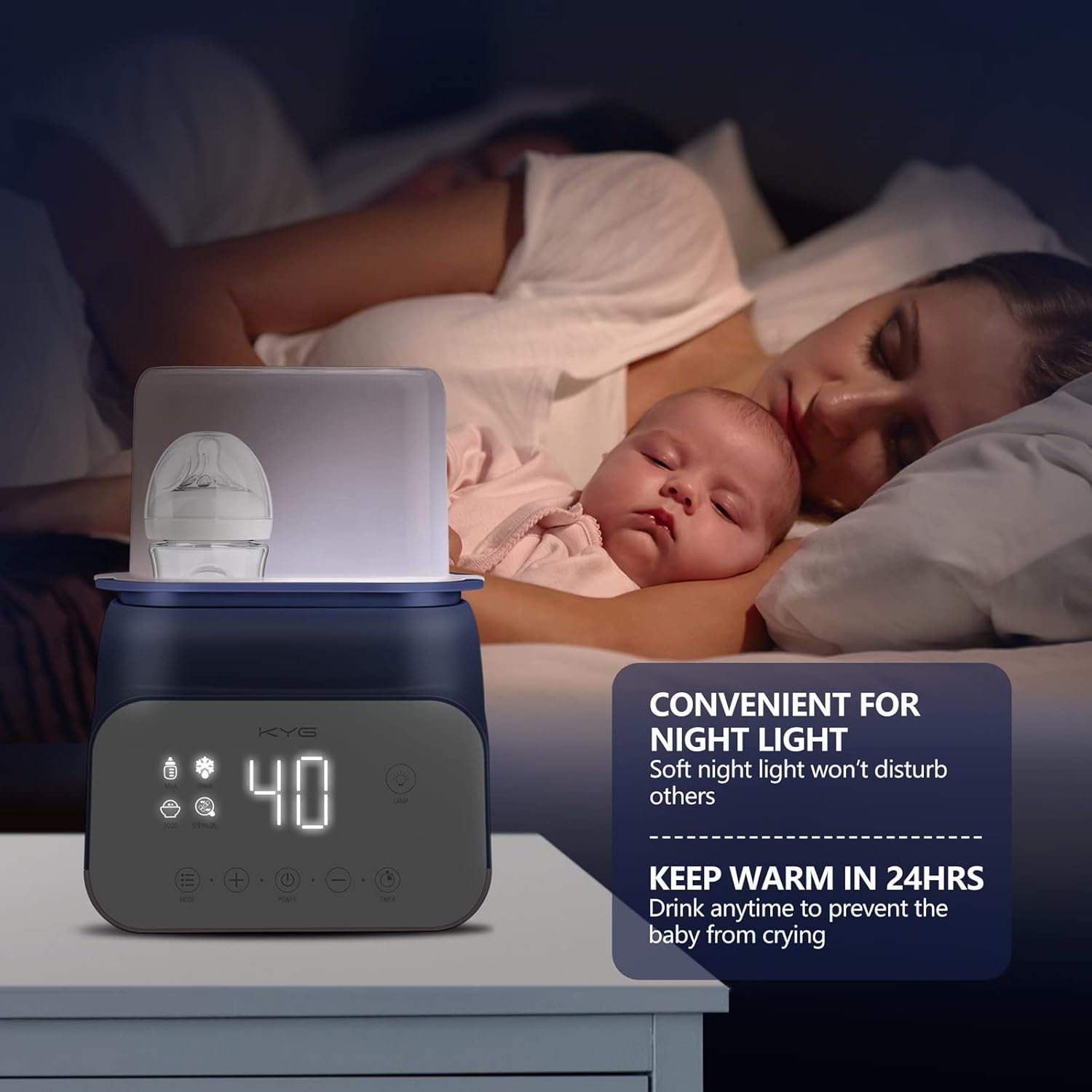 KYG Bottle Warmer with night light on, next to a sleeping baby