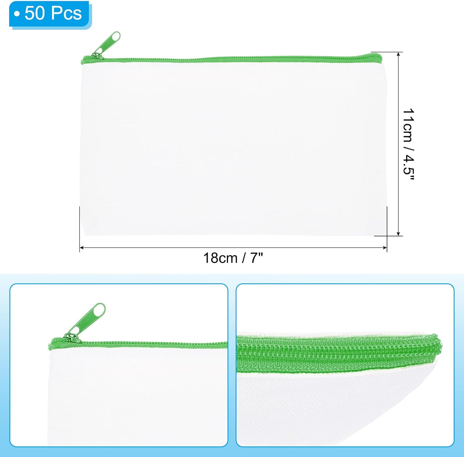 PATIKIL Sublimation Makeup Bags, 50 Pcs 7 x 4.5 Inch Canvas Heat Transfer Blank Cosmetic Bag Pouch Pen Case for Travel DIY Crafts Gift Women, White Bags with Green Zipper