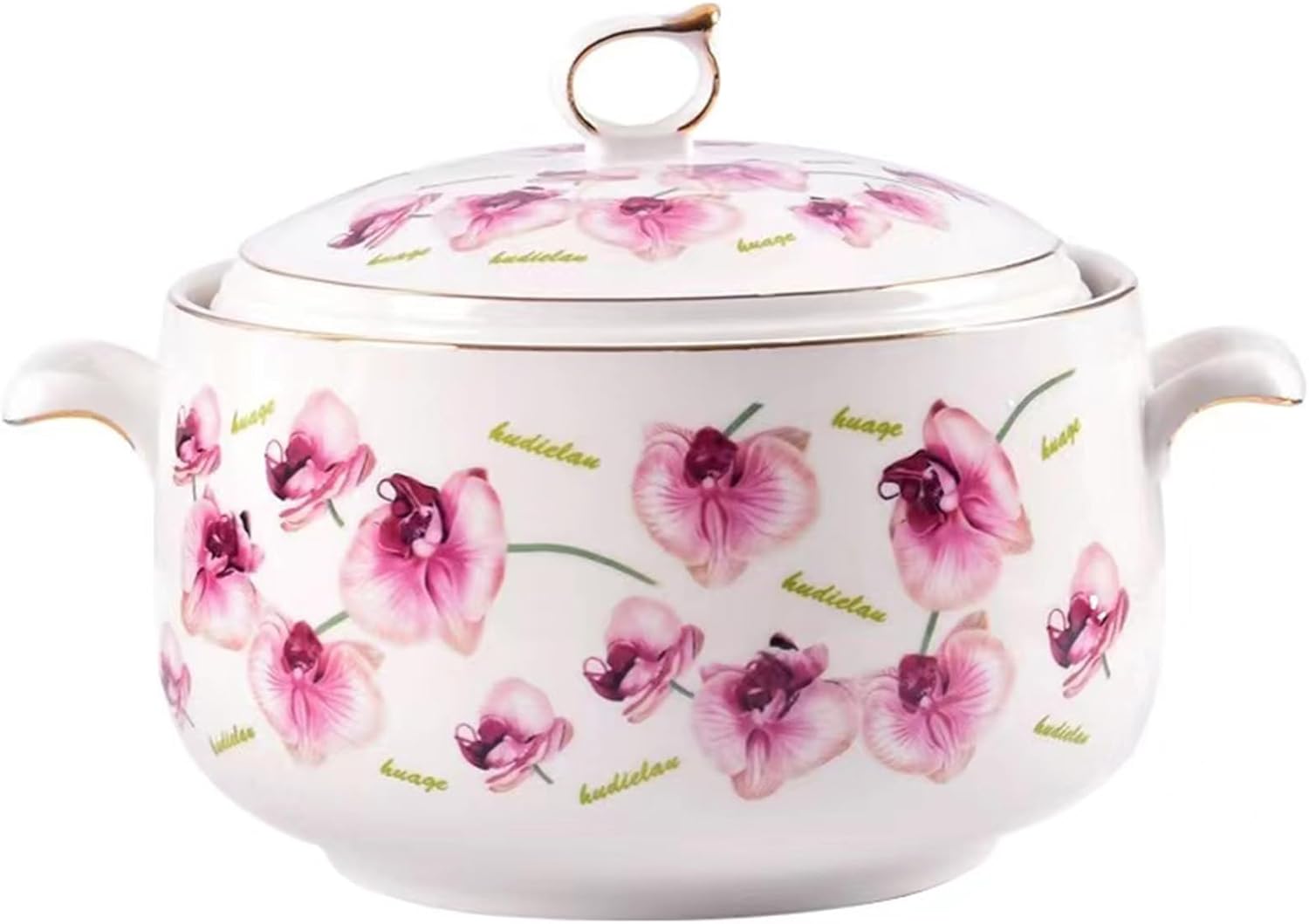 Round Soup Tureen with Lid Serving Soup Bowls with Large Loop Handle, White Porcelain Soup Crocks for Restaurant Home Kitchen Decoration, Microwave and Dishwasher Safe,3000ml