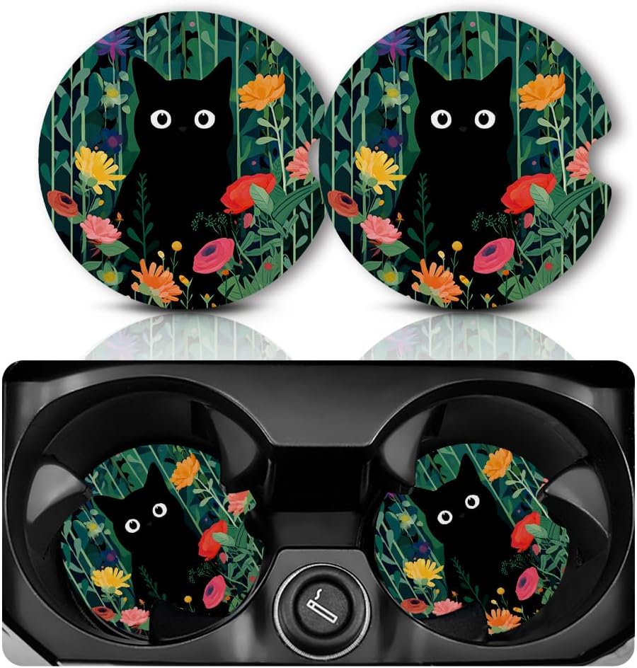 Car Coasters for Cup Holders，2.75" Anti Slip Rubber Mat with A Finger Notch, 2 Pack Car Cup Holder Coasters for Car Interior Accessories for Women Men Flower Balck Cat