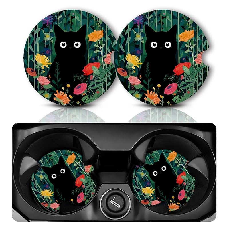 Porta-Copos Automotivo em Borracha com Gato Preto e Flores Yonlevres, 2 unidades