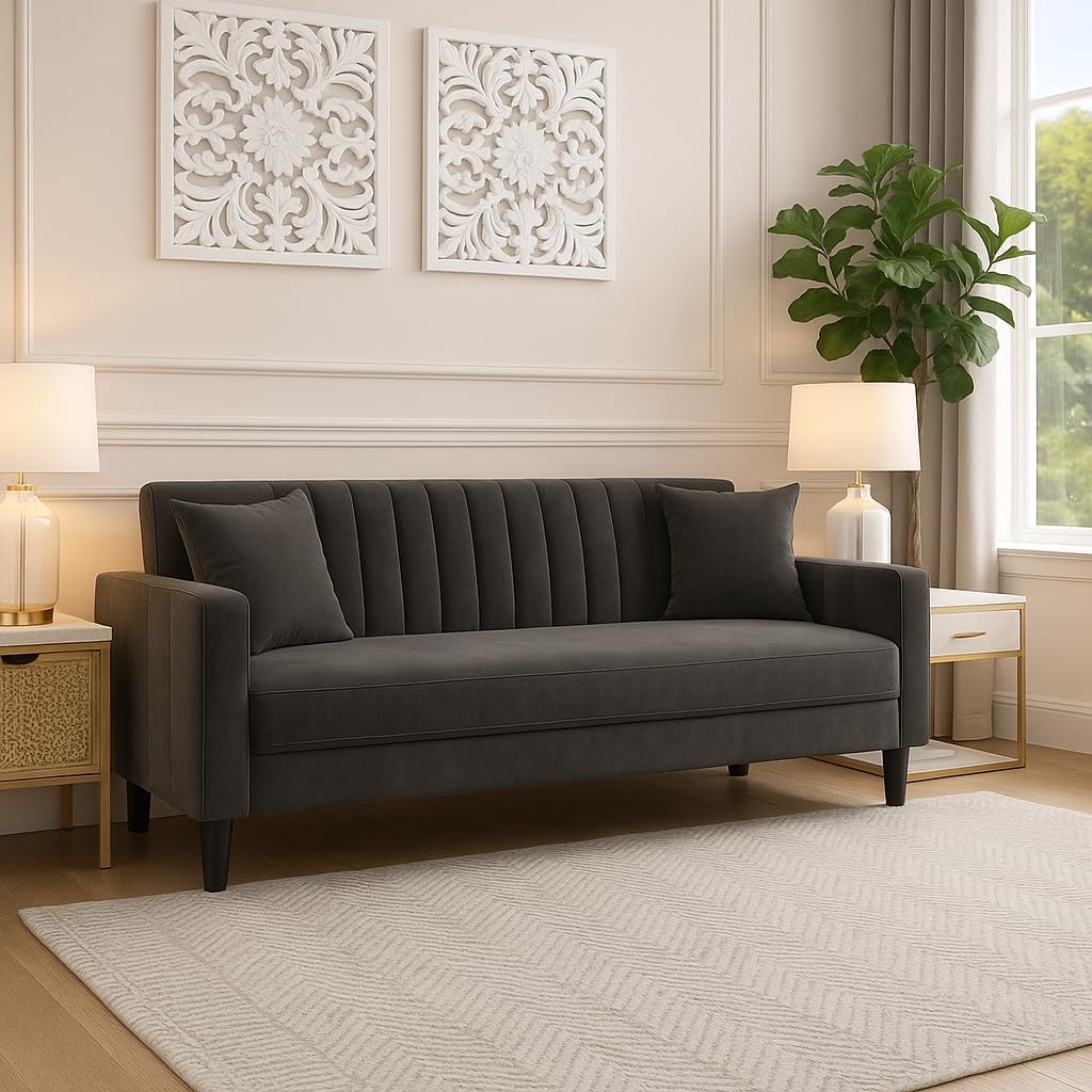 FURNY Premium Rovino 3 Seater Fabric Sofa Set for Living Room (Grey Color) with Velvet Fabric-image-10