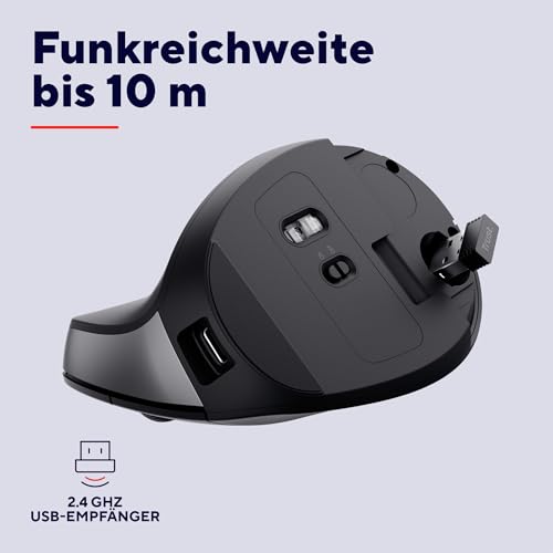 Trust Yuno Wiederaufladbare Vertikale Maus, Kabellose Ergonomische Maus 2.4GHz, Vorbeugung Gegen Mausarm/Tennisarm (RSI Syndrom), 800-2400 DPI, 70% Recyclingkunststoff, PC, Laptop, Mac - Schwarz – Bild 5