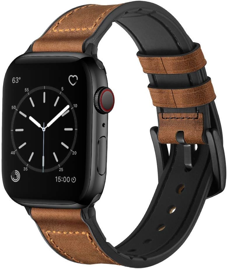 OUHENG Compatible with Apple Watch Band Sweatproof Genuine Leather and Rubber Hybrid Band 41mm 40mm 38mm Brown & Dark Brown