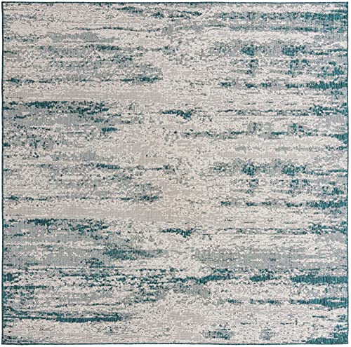 Unique Loom Outdoor Modern Collection Area Rug - Cartago (10' Square, Teal/ Ivory)