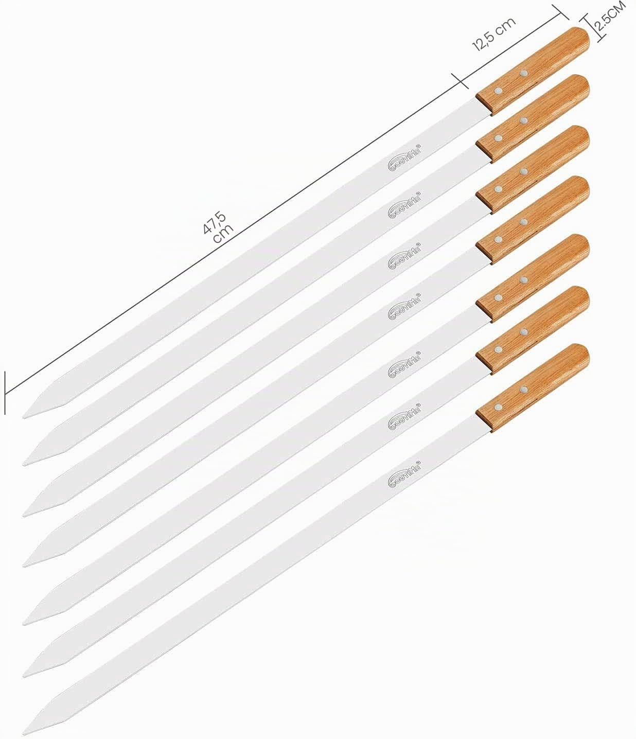 Goutime adana Spieße für Kabobs,Shish Kebab Holzspieße zum Grillen,Metall Edelstahl Barbecue BBQ Grill Spieße,kebab spieße breit,Set von 7 mit Tasche,(60cm lang,2.5cm Breite)