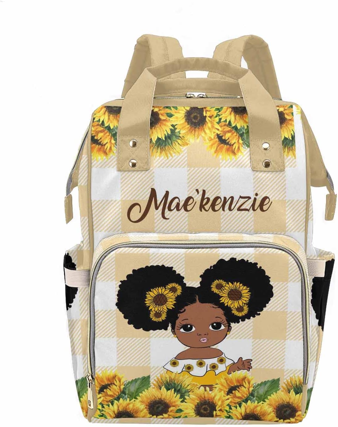 Personalized Name Diaper Bag for Women, Customized Sunflowers Casual Nursing Mommy Daypack, Yellow Checks Nursing Backpack with Large Capacity