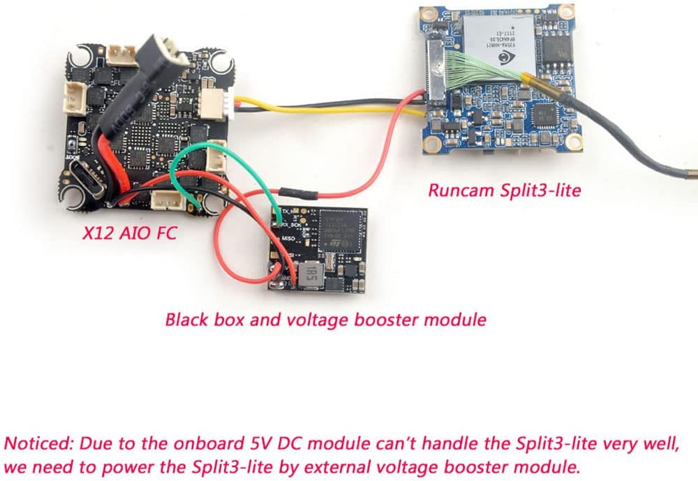 Wiring diagram for X12 AIO FC, Runcam Split3-lite, and Black box with voltage booster module