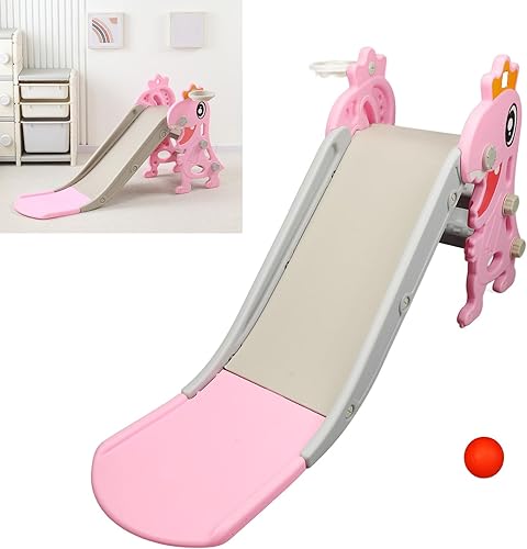 Miniatura 4 de Tobogán para niños pequeños, tobogán interior con aro de baloncesto para niños de 1 a 8 años de edad, juego y desarrollo en casa