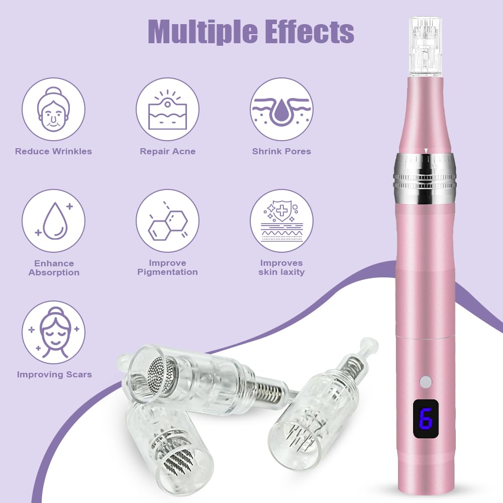 Vicloon Elektrisch Microneedling Pen, Drahtloser Elektrischer Dermapen Mikroneedling mit LCD Bildschirm und 5 Stufen, Einstellbar 0-2,5mm, Microneedle Haut Reparatur Tool (inkl.12 Nadelköpfe)-Rosa