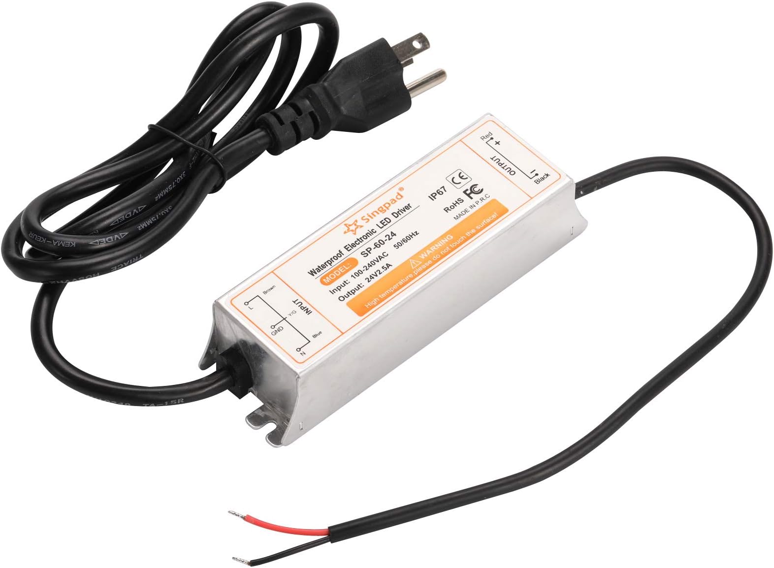 24 Volt DC Waterpoof LED Power Suppply Driver Transformer with 3-Prong Plug, 60Watt IP67 Driver for Outdoor Use