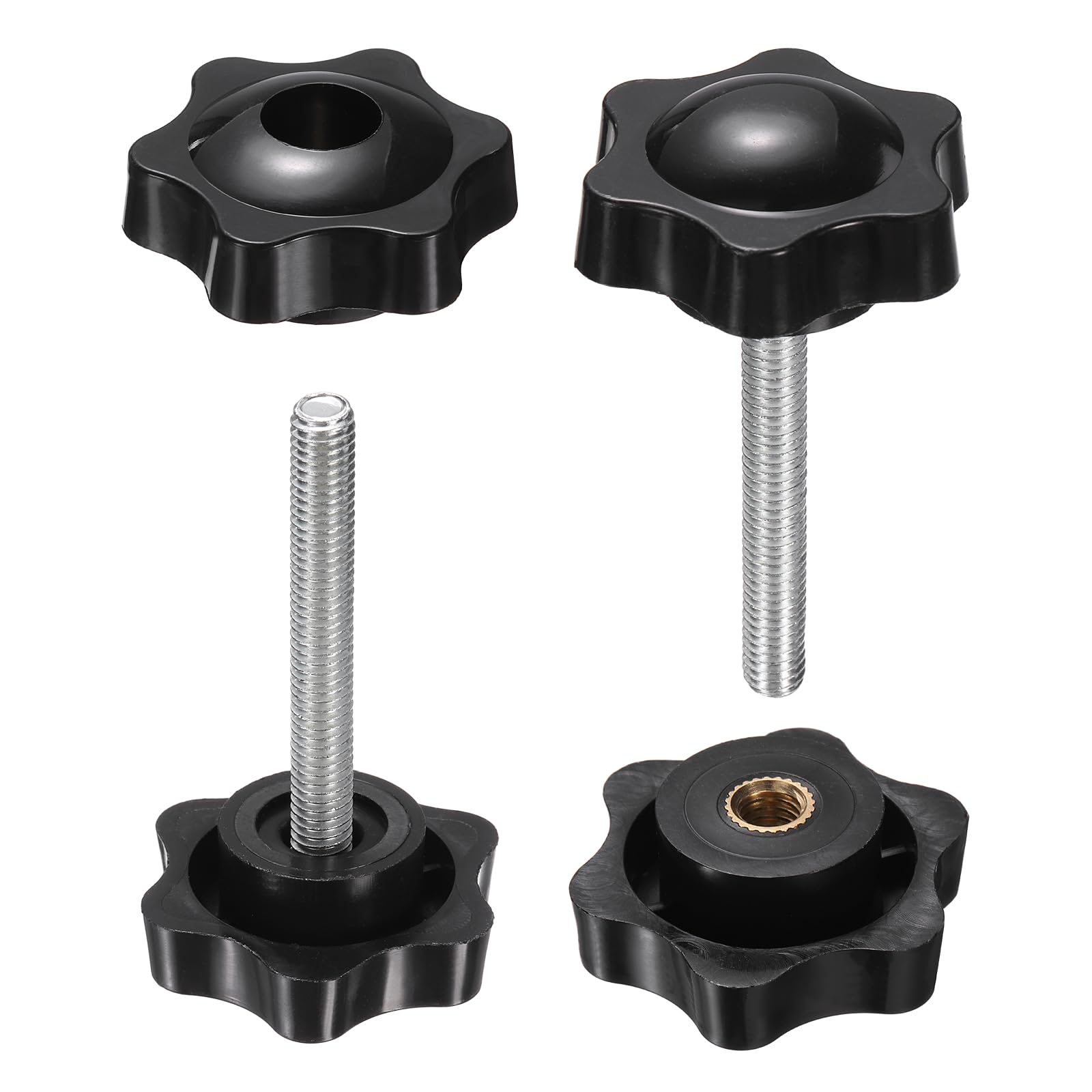 sourcing map 2 Set Star Knobs M6 x 45mm Male + M6 Female Thread 38mm Head Metric 6-Star Threaded Stud Clamping Handles Screw in Through Hole Hand Jig Knob Thumb Screws, Black