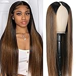 Pobokix Highlight V Part Wigs Human Hair Straight Brazilian Virgin Human Hair Wigs Ombre Brown Upgrade U Part Wigs 180% Density Glueless Full Head Clip In Half Wigs 20inch FB30