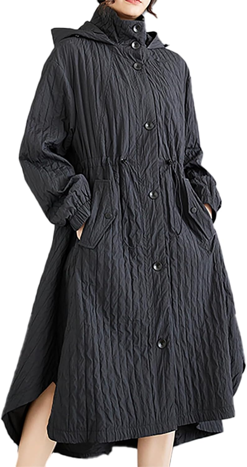 ellazhu Women's Coats Hooded Long Sleeve Oversize Button Down Long Maxi Hem Solid Outerwear Side Pockets GZ670 A - Image 2