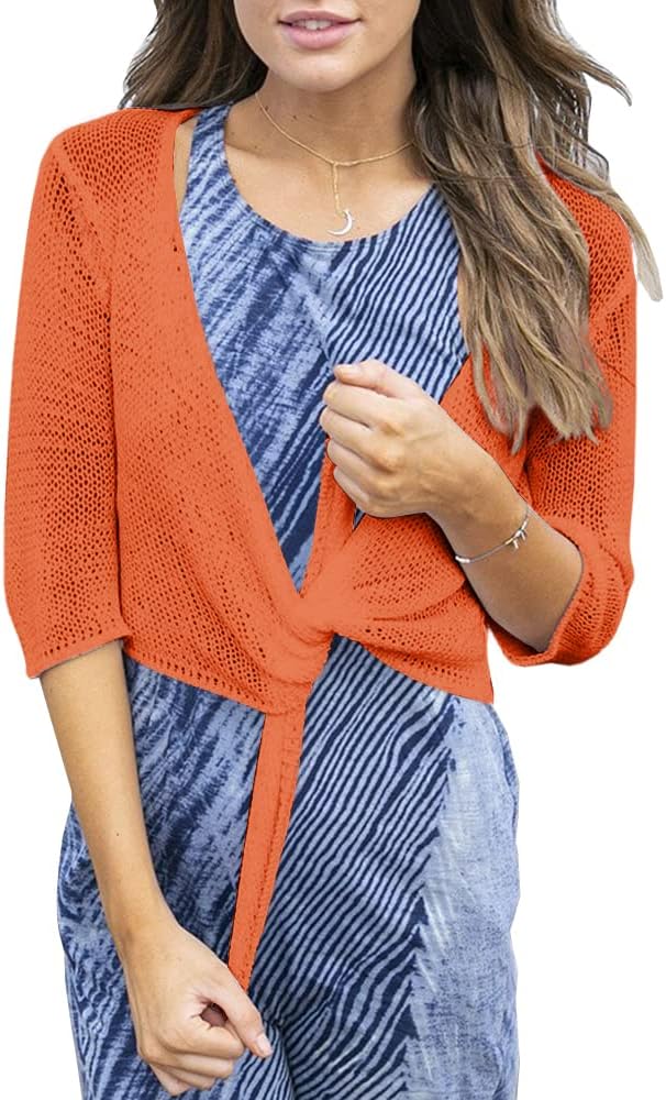 YeMgSiP Women's Tie Front Shrug 3/4 Sleeve Bolero Sheer Knotted Lightweight Cardigan Sweaters Short Shawl Tops - Image 4