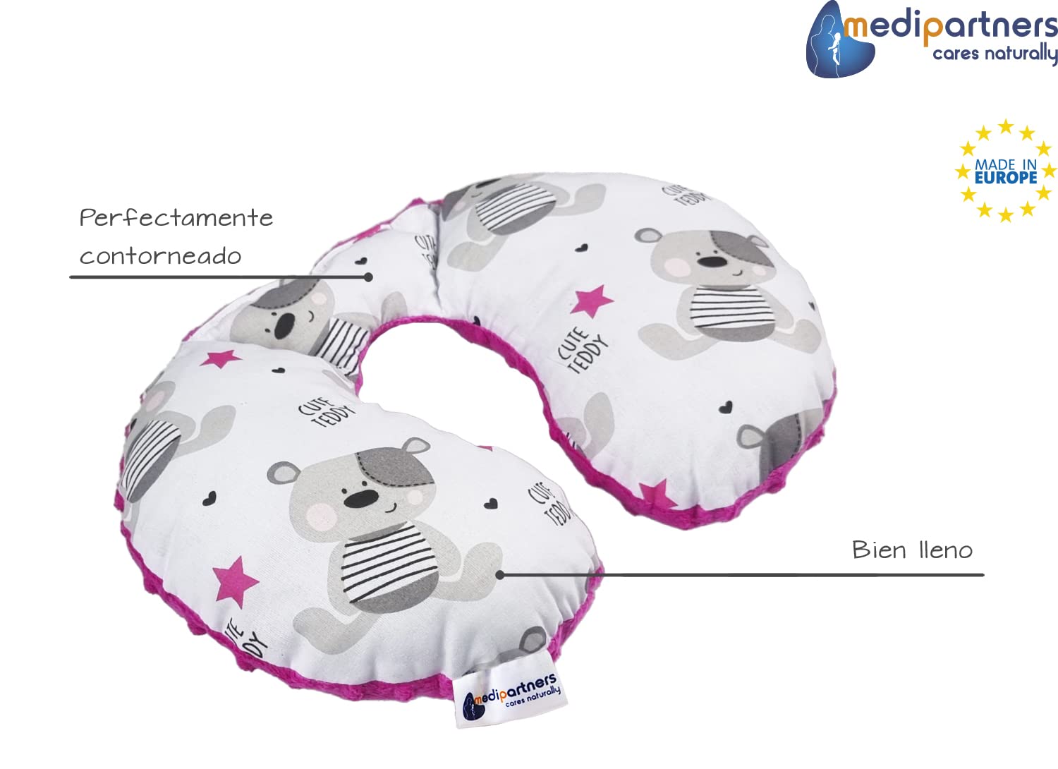 Medi Partners Almohada Cervical Coche Bebe cojin cuello niños cojín viaje - 100% Algodón/Minky Avion Neck Travel Pillow Almohadilla Cervicales Nino (Teddy con Minky rosa oscuro)
