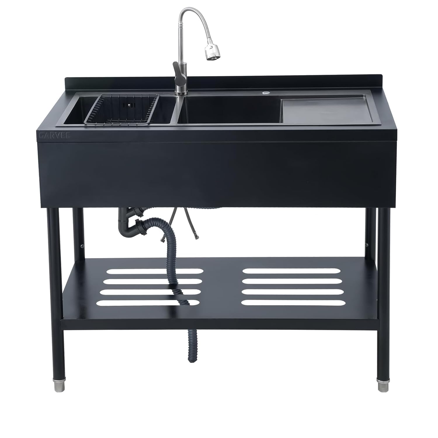 47.5in Black Stainless Steel 2-Compartment Utility Sink with Drainboard & Shelf, Freestanding Double Basin Washing Station for Laundry, Includes Hot/Cold Faucet & Drain