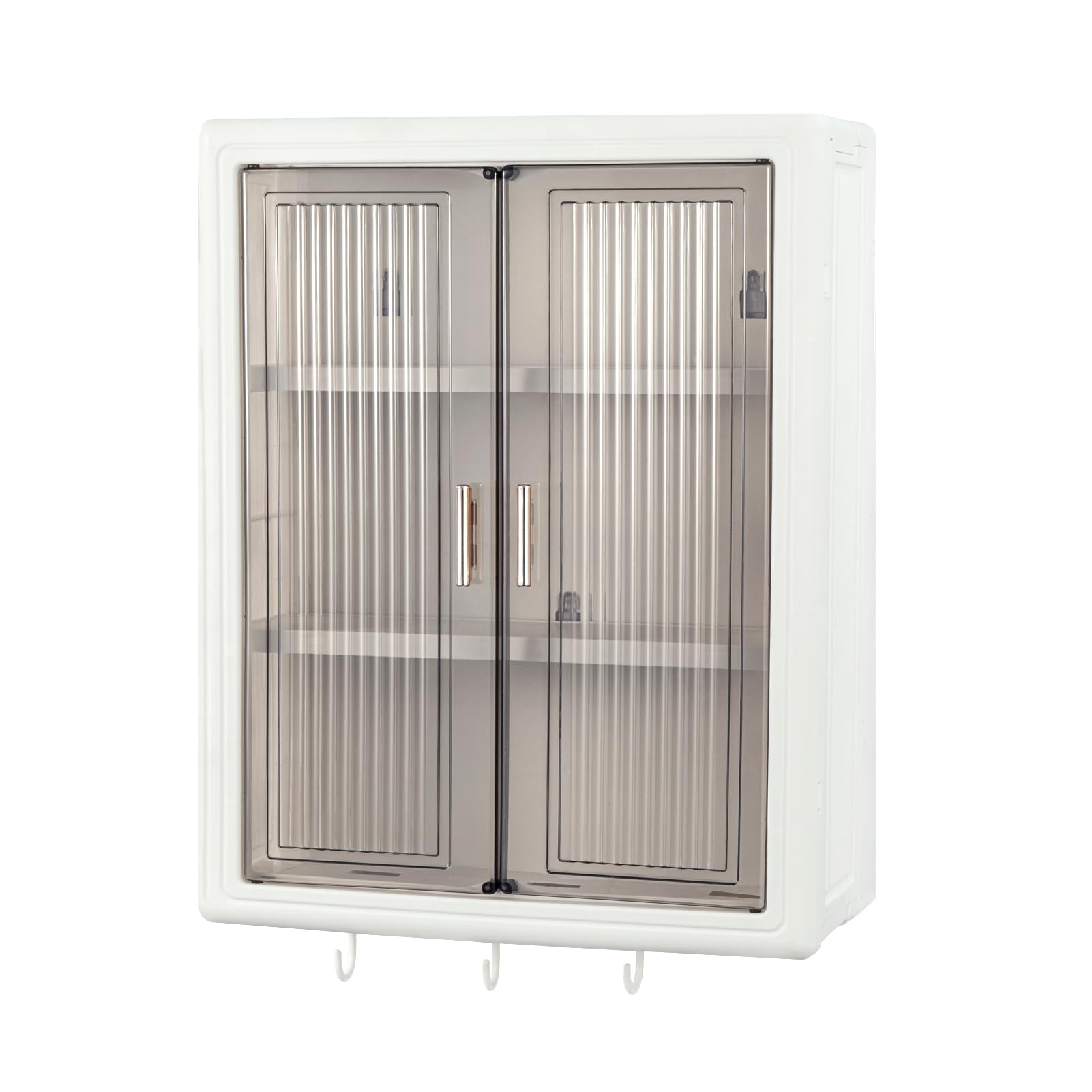 SUNNYNEST Bathroom Cabinet,Wall-Mounted Storage Cabinet, Double Doors 2 Tier Adjustable Shelf with Hookson, No-Drill Plastic Organizer with Clear Doors for Bathroom & Kitchen