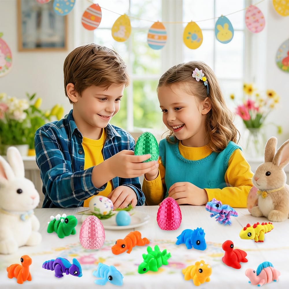 DIYDEC 12Pcs 3D Printed Dinosaurs with 3D Eggs for Kids Easter 3D Printed Animals Figurines for Boys Girls Party Favors 3D Fidget Dinosaur Toys for Egg Hunt Basket Stuffers Gifts Exchange