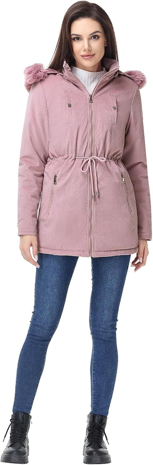 MODFUL Women's Faux Fur Hooded Parka Mid Length Corduroy Winter Coat with Drawstring Waist Jacket - Image 7