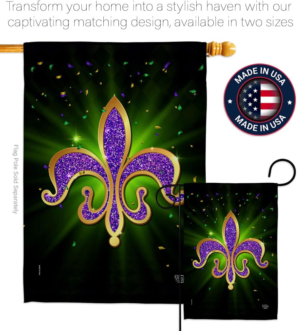 Fleur De Lis House Flag - Pack Spring Mardi Gras Carnival Festival Masquerade Celebration Season Holiday French USA Vintage Applique - Banner Small Garden Yard Gift Double-Sided Made In 28 X 40