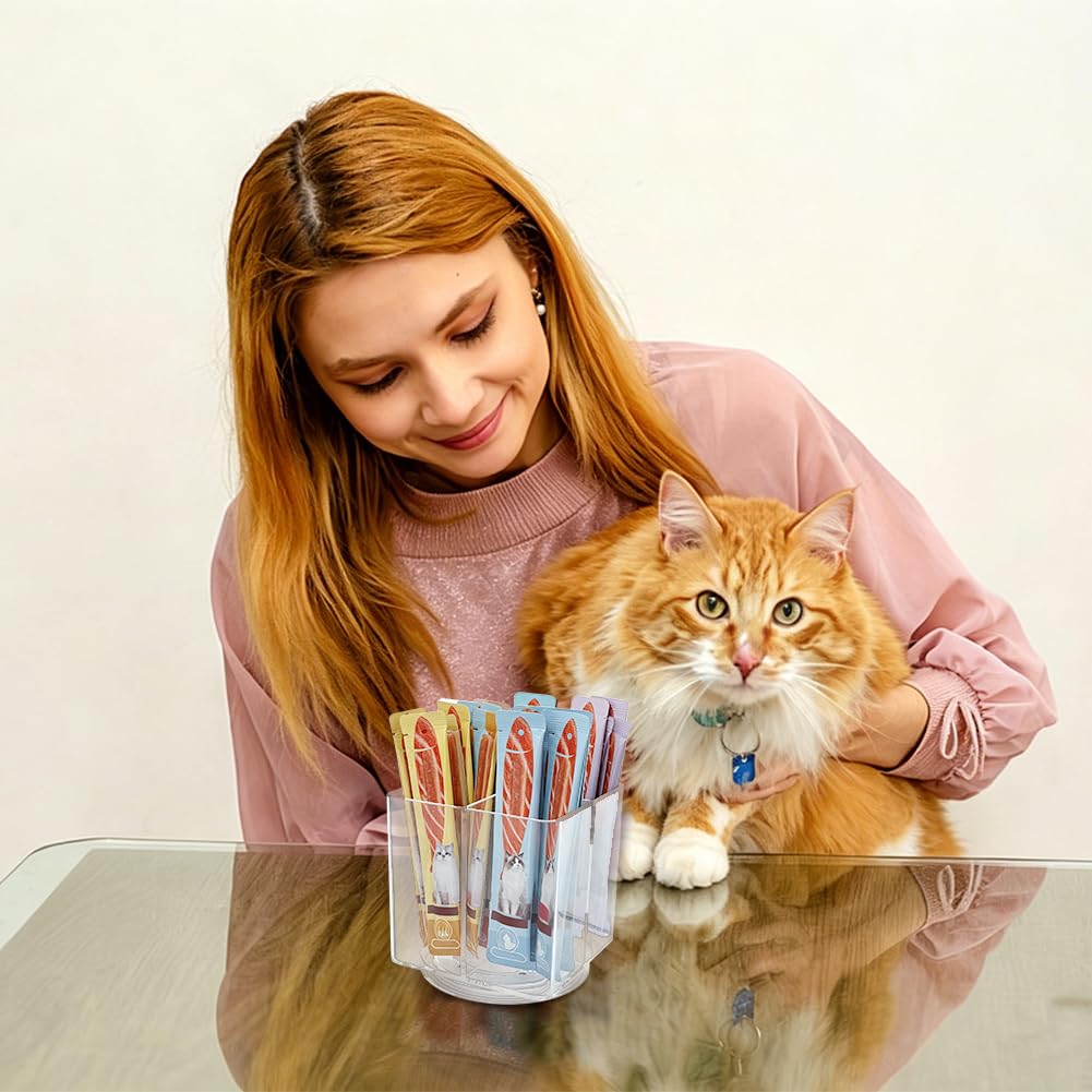 ORIGACH Leckerli-Organizer für Katzen mit 4 Fächern, drehbarer Kunststoffbehälter zum Herausdrücken von Katzenfutter, transparente Aufbewahrung für Küchenschrank, Regal oder Arbeitsplatte, Quadratisch