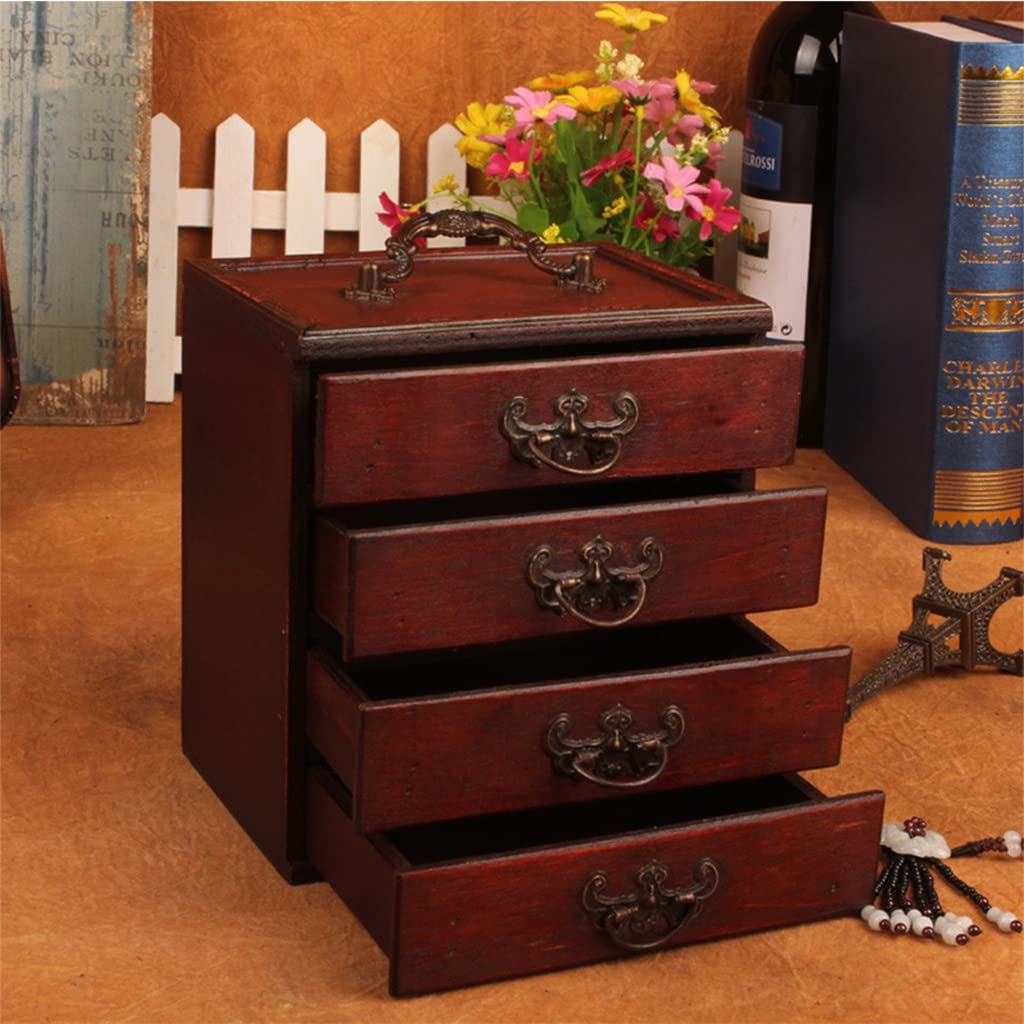 Portagioie retrò Classico per Donna, 4 cassetti, Fatto a Mano, Antico, Grande capacità, in Legno, Portatile, Regalo per Donna