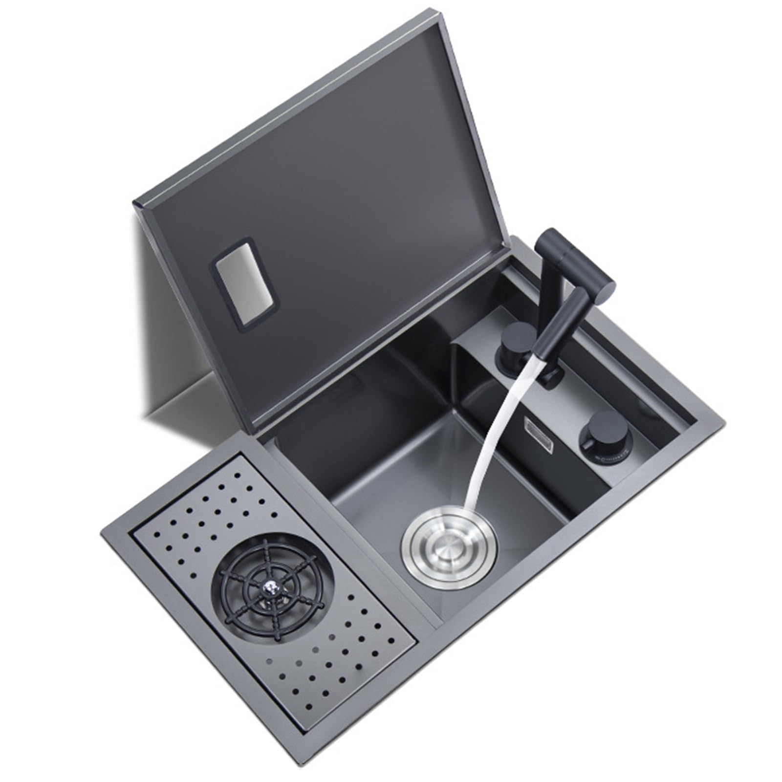 Fregadero de Un Solo Seno con tapa, grifo plegable y enjuagador de vidrio – Lavador de verduras oculto de Acero inoxidable para Barra de Café, caravana, Isla de cocina (58 * 26 22 cm)