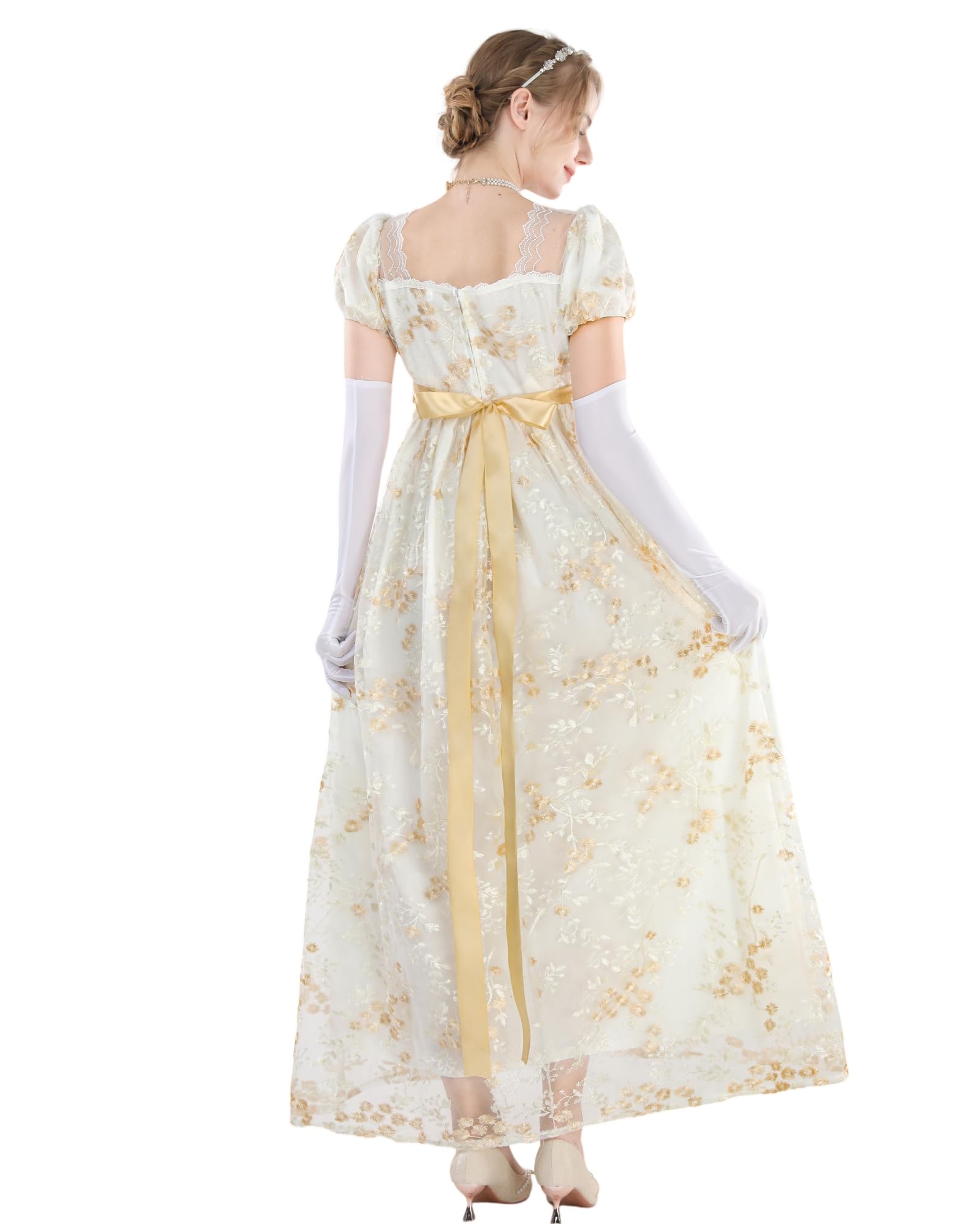 NSPSTT Women Regency Dresses Puff Sleeves Empire Waist Victorian Dresses Golden Long Dress Tea Party Gown with Gloves, XL - Image 3