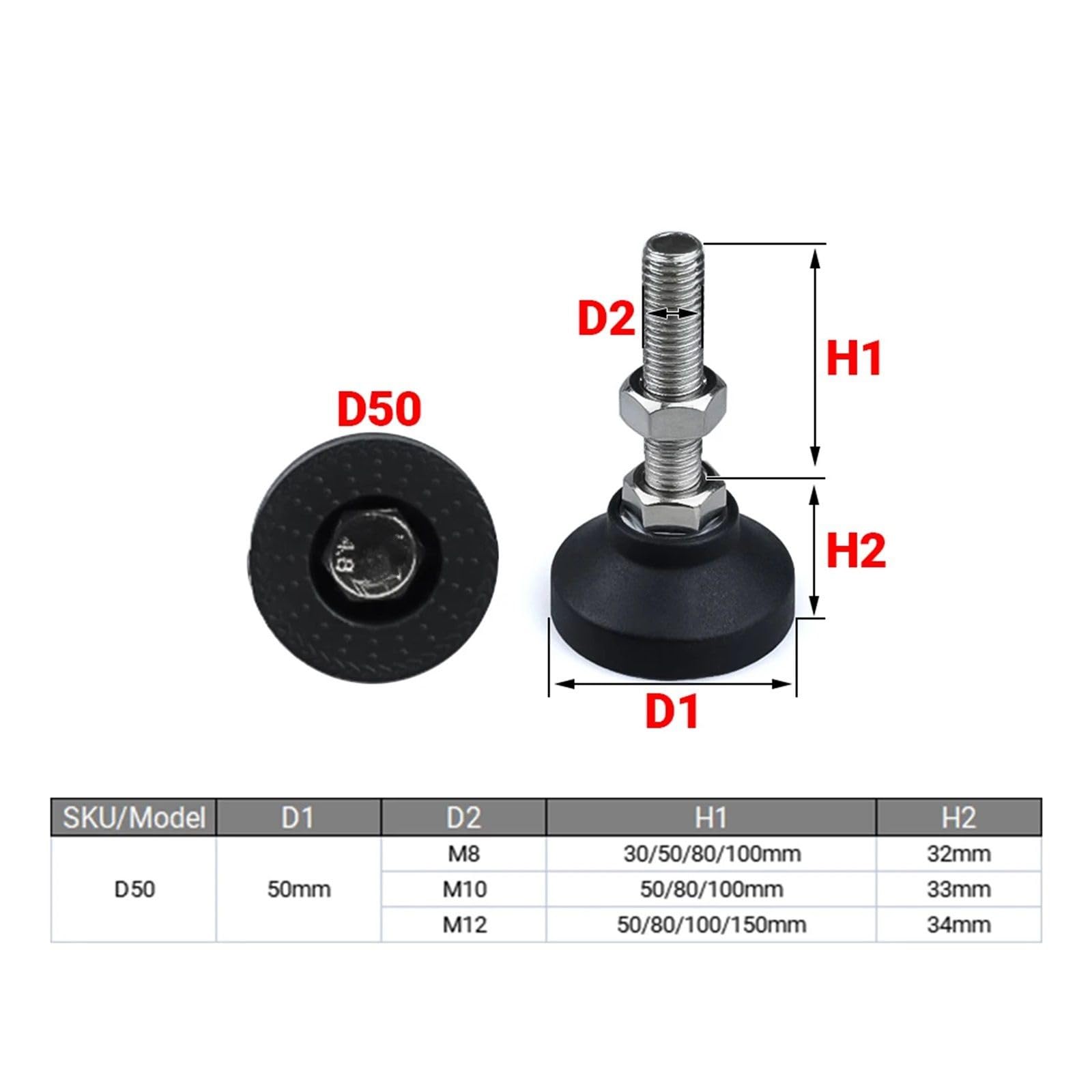 Pies de nivelación, 5 uds., patas de torno ajustables, diámetro de 50mm, niveladores de muebles tipo rosca | D50xM12x80mm