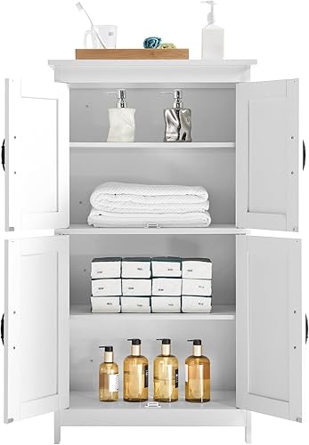 Miniatura 9 de VEVOR Armario de suelo de baño, 4 niveles, organizador de almacenamiento de madera con 4 puertas y estante ajustable, muebles de baño modernos,