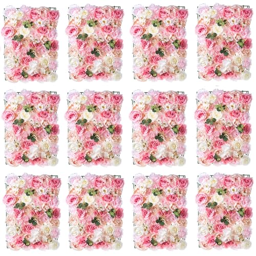 NUPTIO 12 Stück Blumenwandpaneel 60cm X 40cm Weiß & Rosa Kunstrosen...