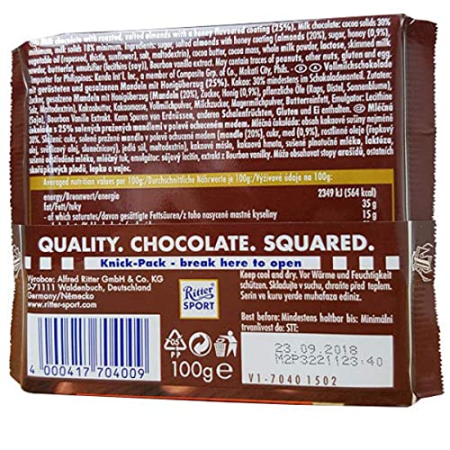Image of Ritter Sport Honey Salt Almonds 100g (Pack of 3) Ritter Sport Chocolates Nut Selection, product of Germany, chocolate with honey, sea-salt, and almonds | Nutritious and Nutty Crunch