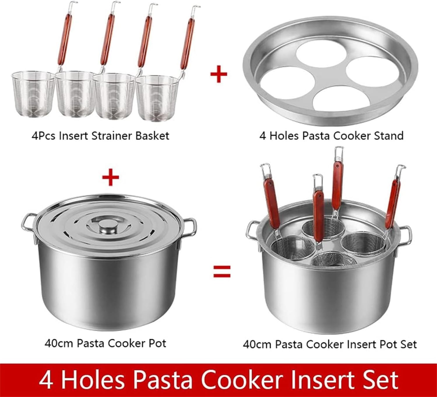 Stainless Steel Pasta Cooker Insert Set, Pasta Cooker Steamer with Strainer Baskets, Multipots Cooking Tool for Noodles, Pasta, Dumplings,4 Hole