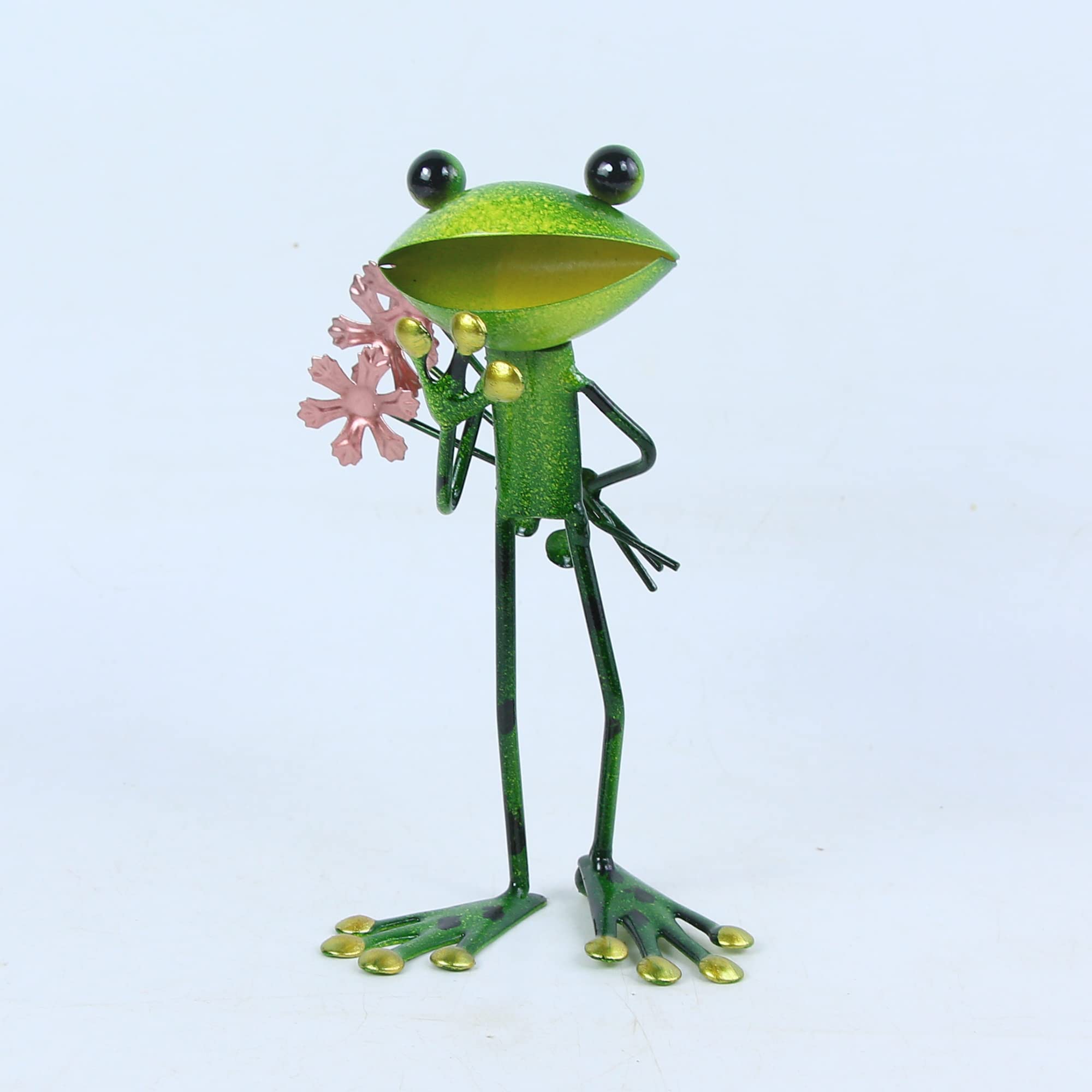 Fiesta Studios Ltd FABULOUS GREEN METAL GARDEN FROG WITH A BOUQUET SCULPTURE ORNAMENT FIGURE FROGS