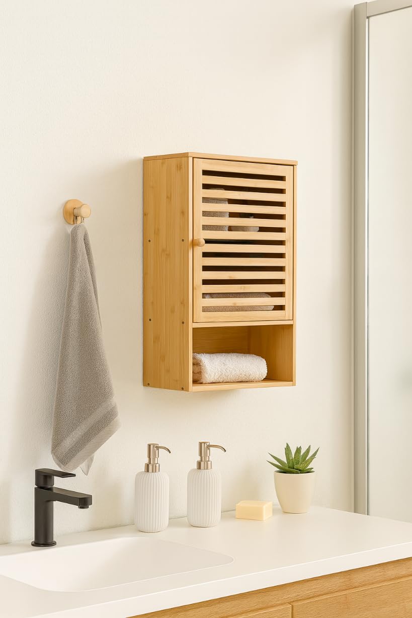 Armoire murale en bambou pour salle de bain, avec porte, étagères ouvertes, meuble de rangement, 60 x 40 x 20 cm, naturel