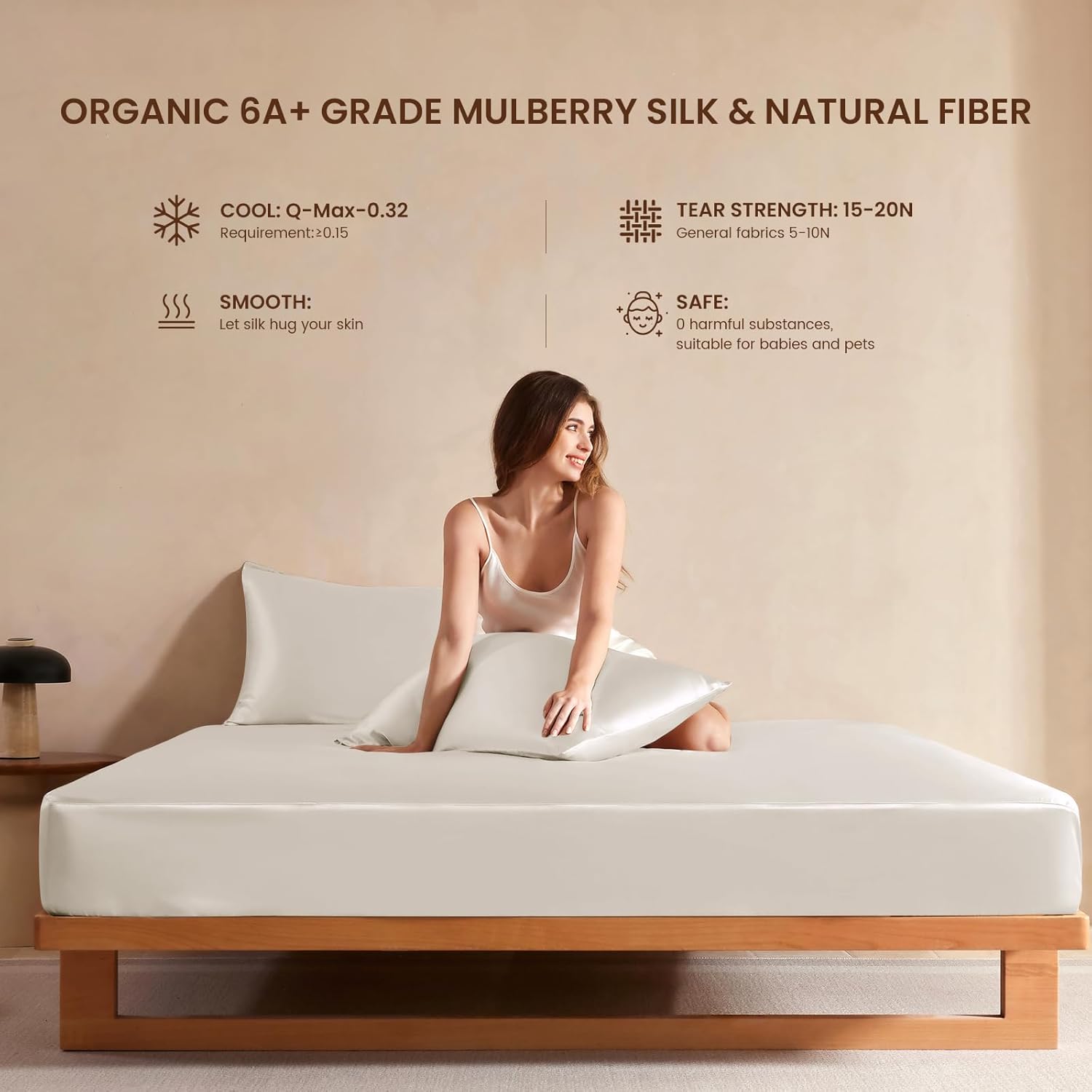 THXSILK Luxury Mulberry Silk Bed Sheets Set - 4pcs Silk Sheets Set 16" Deep Pocket - 1 Fitted Sheet, 1 Flat Sheet, 2 Pillowcases with Zipper Closure - Queen, White - Image 6