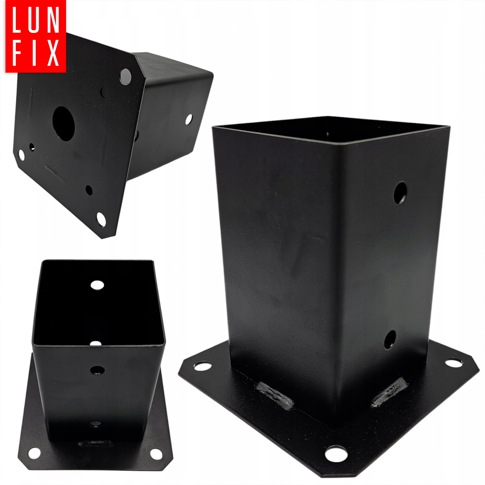Pfostenträger 100x100 mm – Aufschraubhülse für Holzpfosten, Bodenhülse, Pfostenschuh, Balkenschuhe, schwarz, pulverbeschichtet – stabile Befestigung für Zaunpfosten, Lun Fix