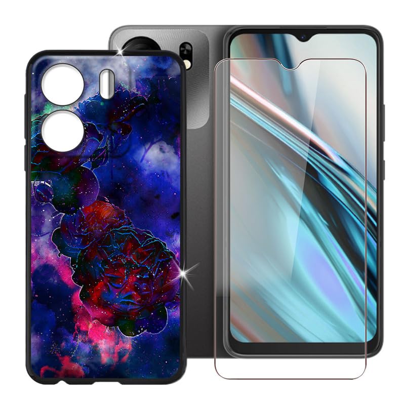 Ikiiqiifor BLU View 5 (6.56") Phone Case + Screen Protector, Shockproof Cover Bumper Slim Soft Silicone TPU Anti-Scratch Case + Tempered Glass for BLU View 5 - Rose Clouds