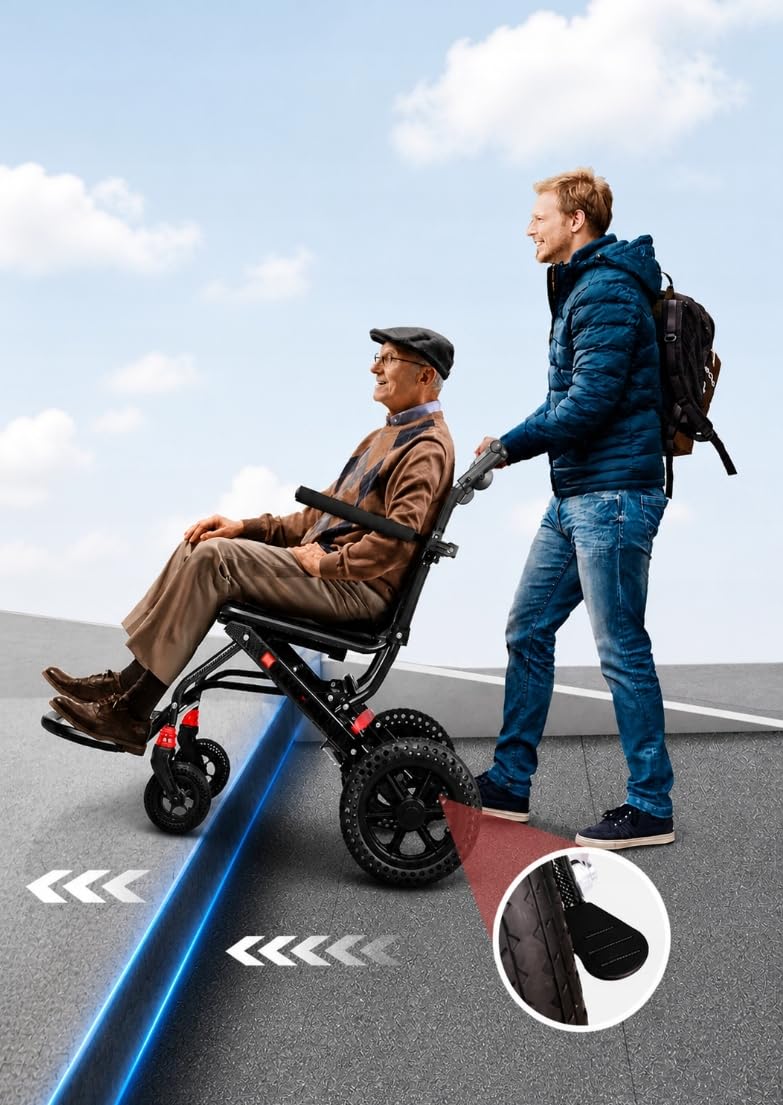 Lekki wózek transportowy składany 10,5 kg z amortyzacją i hamulcami, kompaktowy wózek inwalidzki do podróży i codziennego użytku, zdejmowane wodoodporne siedzisko i oparcie