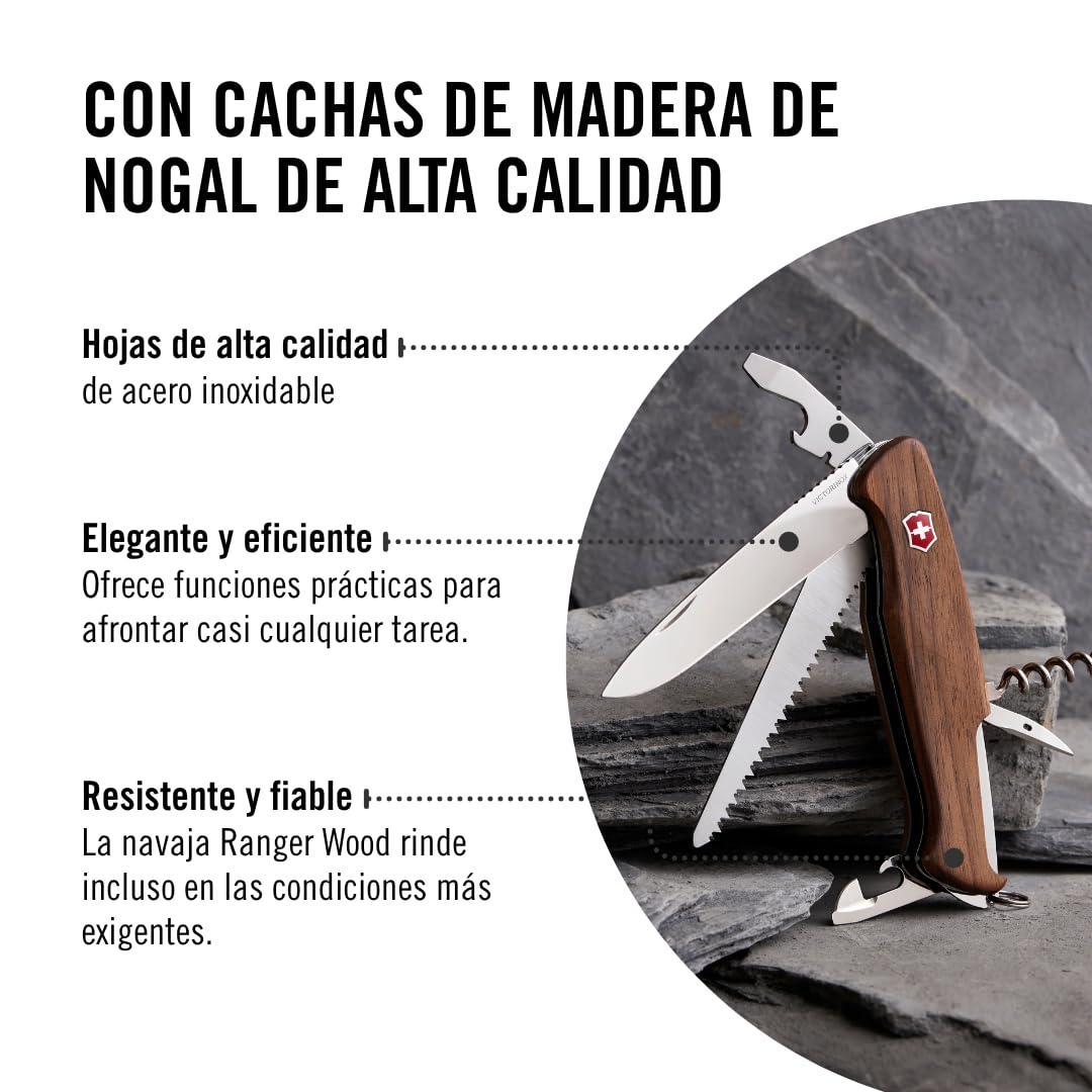 Victorinox Ranger 55 Wood, Navaja Multiuso Suiza, Cuchillo bolsillo, Regalo, 10 Funciones, Hoja grande, Abrelatas, Bloqueable