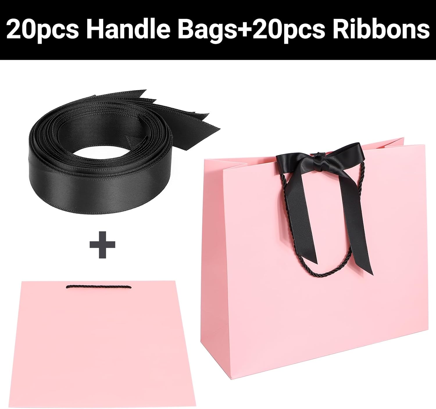EUSOAR Gift Bags with Handles, 20pcs 12.5"x4.5"x11" Pink Heavy Duty Shopping Paper Bags with Bow Ribbon Handle, Kraft Paper Thank You Gift Treat Wedding Baby Shower Birthday Party Favor Bags Bulk