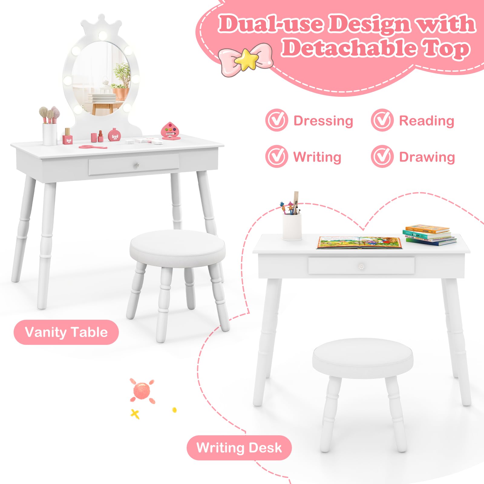 LIFEZEAL Specchiera Trucco Bambina, con 7 LED, 3 Colori di Luci, Postazione Trucco Bambina, con Sgabello Imbottito, Cassetto e Specchio di Corona, Toeletta Trucco per Bimbi 3-7 Anni (bianco)