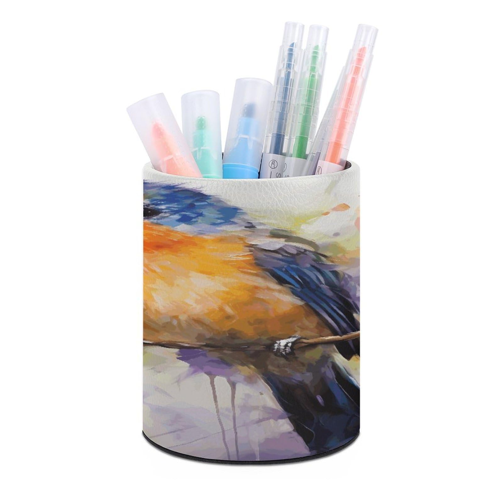 JTREHY Oil Painting Bird Pen Holder Round Pen Pencil Holder Makeup Brush Holders Cup PU Leather Pencil Cups Desktop Caddy Stationery Organizer Case Office Accessories Container Box