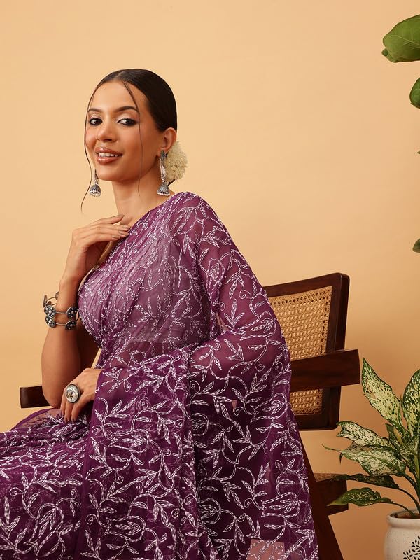 Image of Ada Hand Embroidered Lucknowi Chikankari Georgette Saree for Women with Unstitched Blouse Piece Tepchi Saree-3590