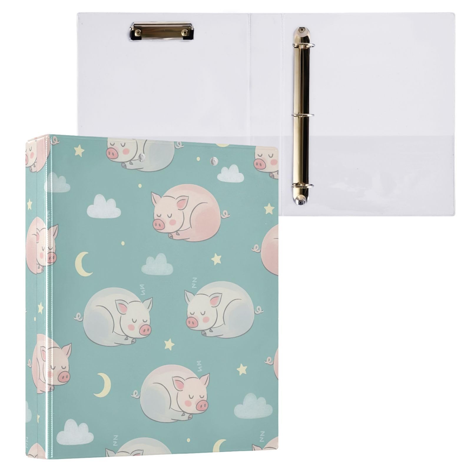 Lot de 2 classeurs à 3 anneaux en D flexibles de 3,8 cm Motif cochons Bleu sarcelle pastel