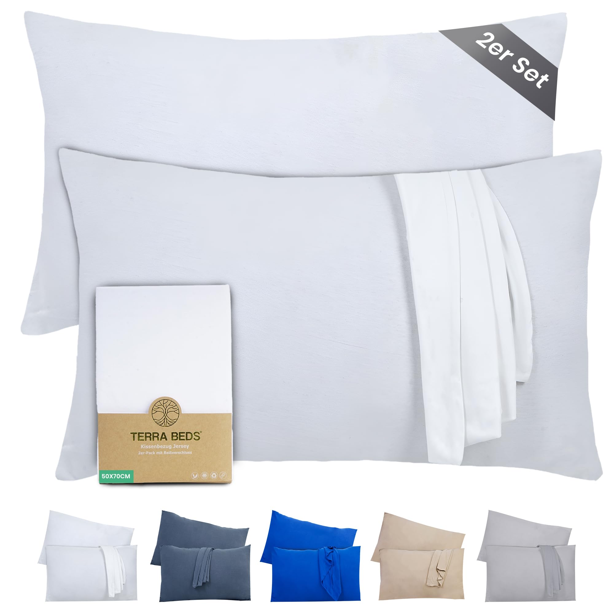 Terra Beds Cushion Cover 50 x 70 cm (Set of 2), 100% Cotton Jersey, 160 g/m², Oeko-Tex Certified, Pillowcase for Cushions 50 x 70 cm with Zip, Stretchy Soft and Breathable (White)