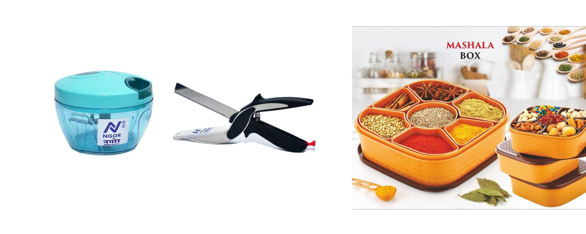 Chopper and Vegetable Cutter, Pool Green (725 ml), Green and Black and Square 7 Section Multipurpose Masala Dabba, Spice Box Set