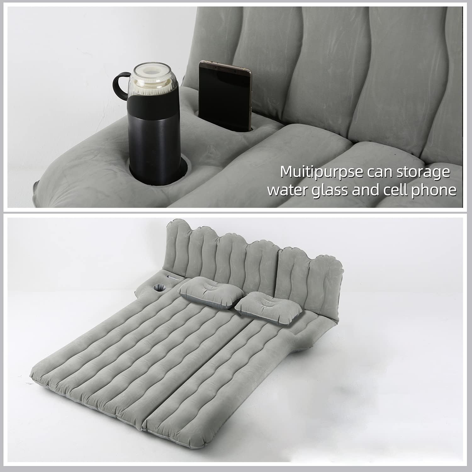 SUV Air Mattress with Cup & Phone Holder, Flocked-Top Inflatable Car Mattress with Two Air Pillows & Electric Air Pump, Ideal SUV Mattress for Camping, Travel, and Road Trips (Grey)