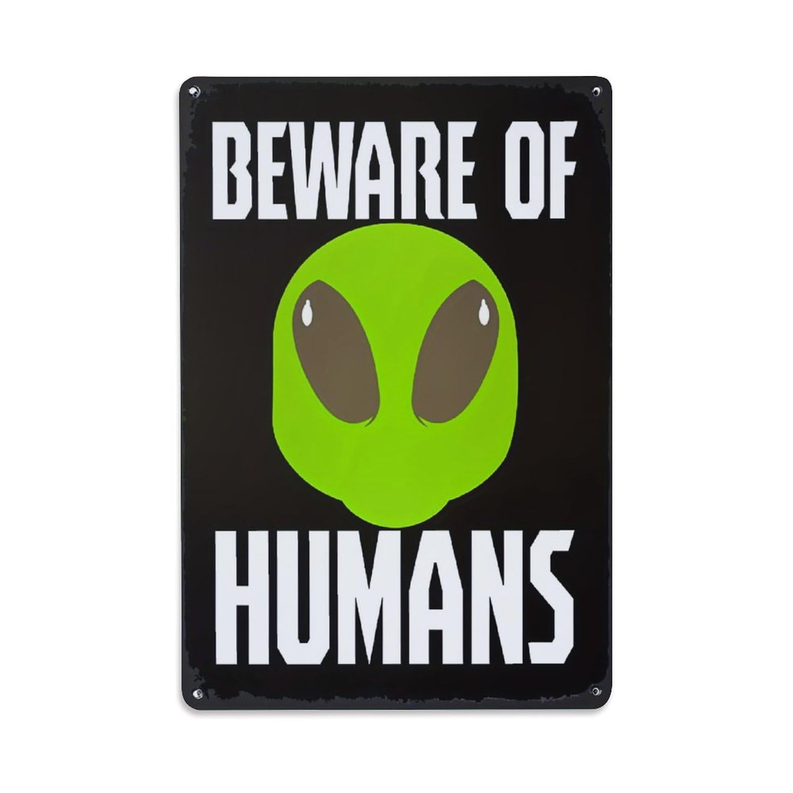 Bliveurn Vintage Beware Of Green Alien Head Retro Metal Tin Sign, Metal Poster For Home, Gaming Room, Studio Workshop,Bar,Garage Wall Art Decor 8X12 Inch